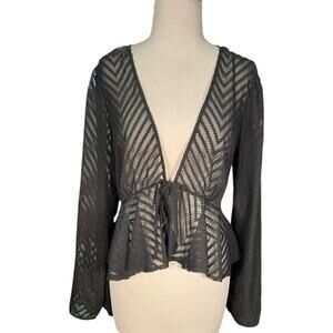 London Rose Black Sheer Lace Tie Front Bell Sleeve Top Coquette Large Festival